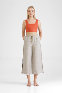 Alec - Linen denim wide leg trousers with stripes lateral raw appliques