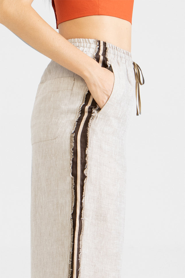 Alec - Linen Denim Wide Leg Trousers with Stripes Lateral Raw Appliques
