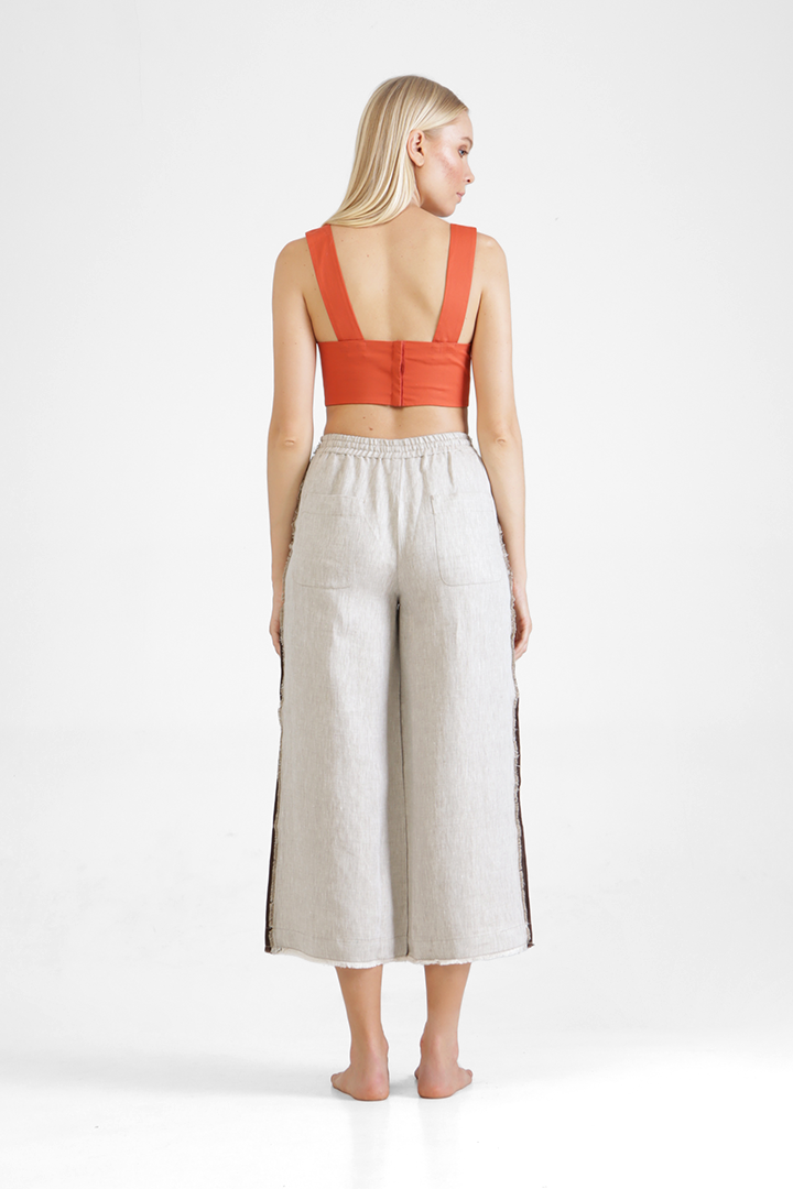 Alec - Linen denim wide leg trousers with stripes lateral raw appliques