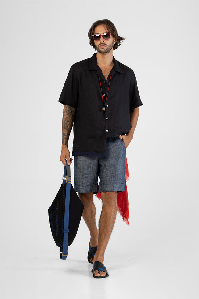 Eka - Short Sleeves Camp Shirt with Contrast Color Hemline Hand Stitching