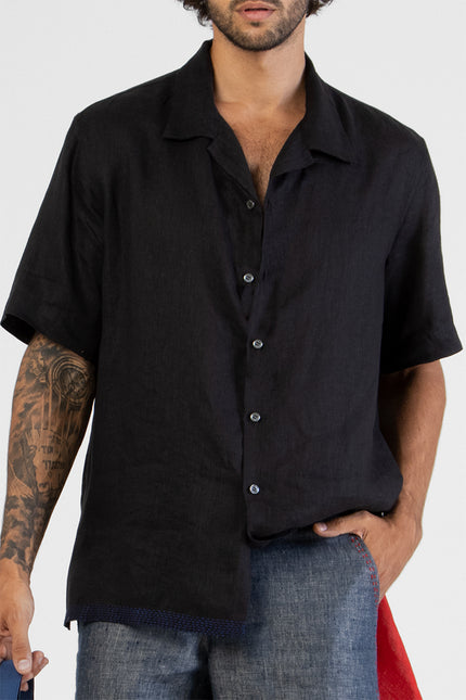 Eka - Short Sleeves Camp Shirt with Contrast Color Hemline Hand Stitching