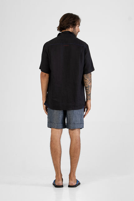 Eka - Short Sleeves Camp Shirt with Contrast Color Hemline Hand Stitching