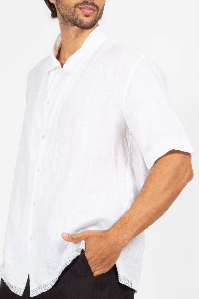 Eka - Short Sleeves Camp Shirt with Contrast Color Hemline Hand Stitching
