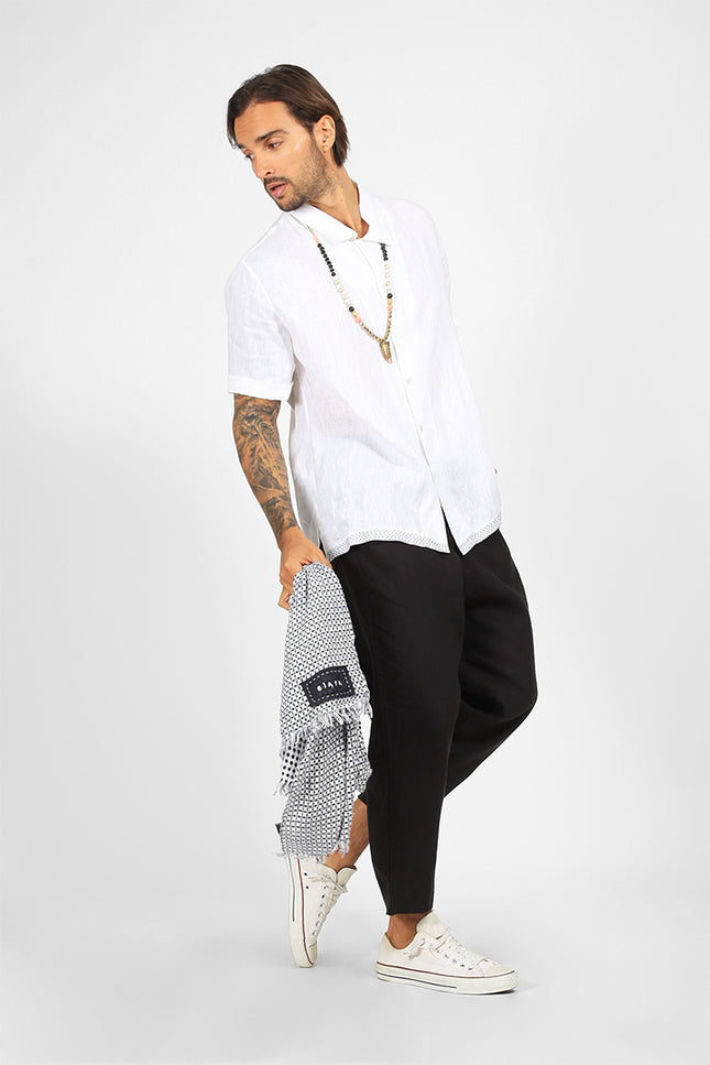 Eka - Short Sleeves Camp Shirt with Contrast Color Hemline Hand Stitching