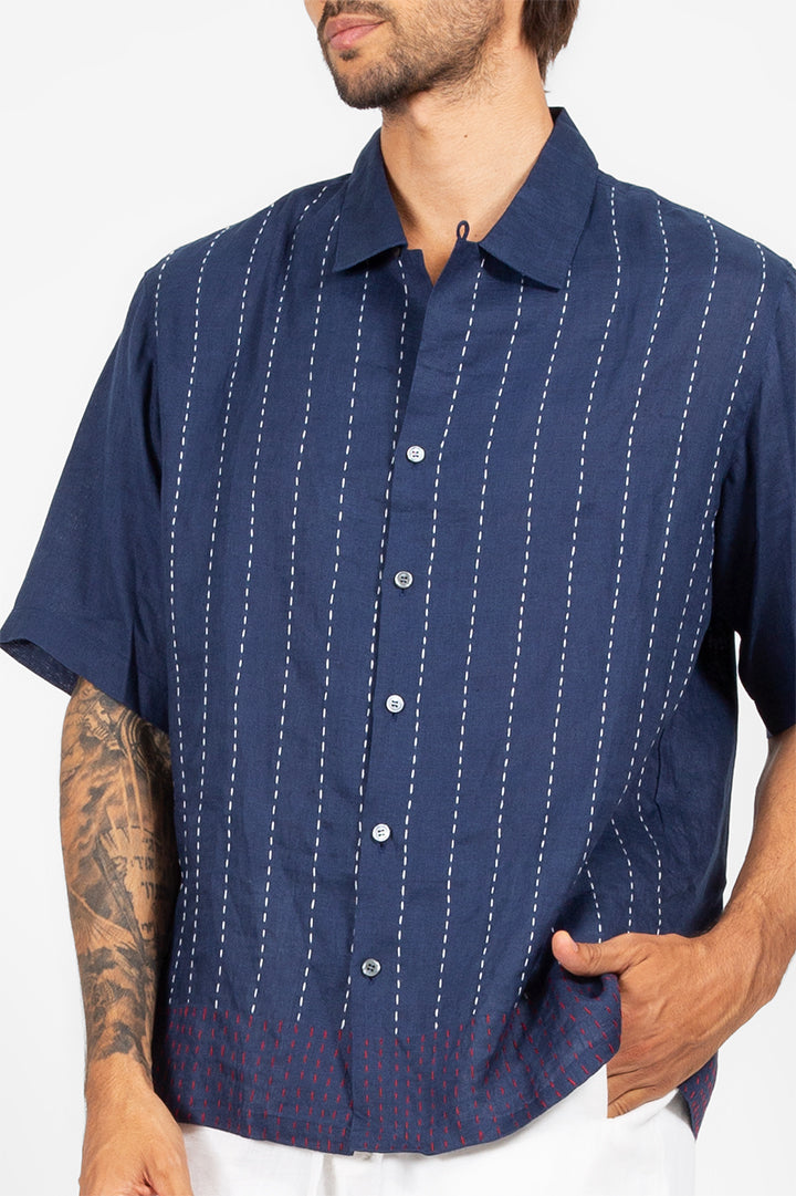 Eddy - Dual color hand stitchdetailing camp shirt