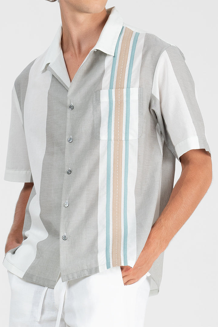 Jose - Appliqued yarn dyed camp shirt with hand stitching decoration