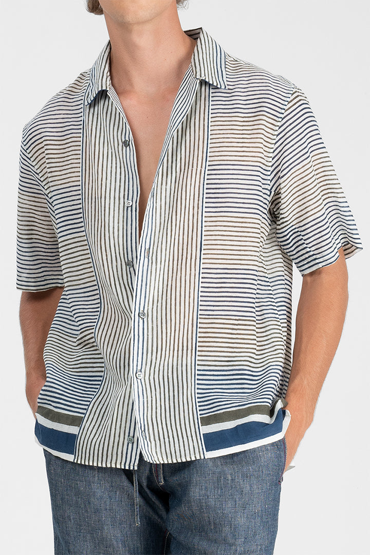 Kareem - Irregular stripes block print camp shirt