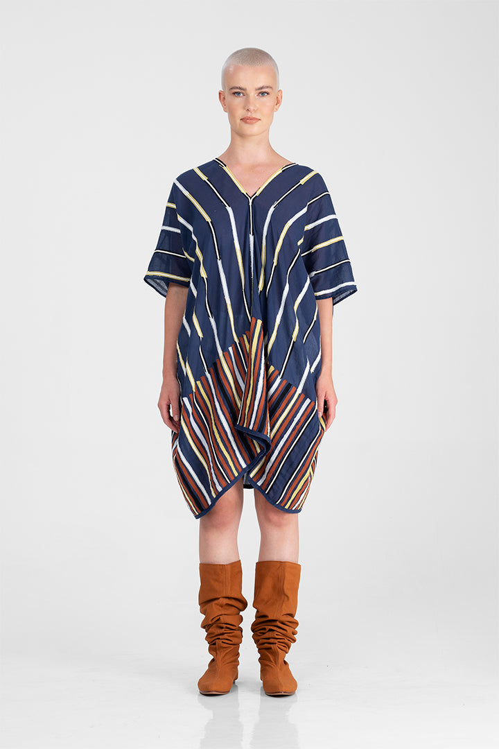Karina - Multicolor short and long stripes applique short dress